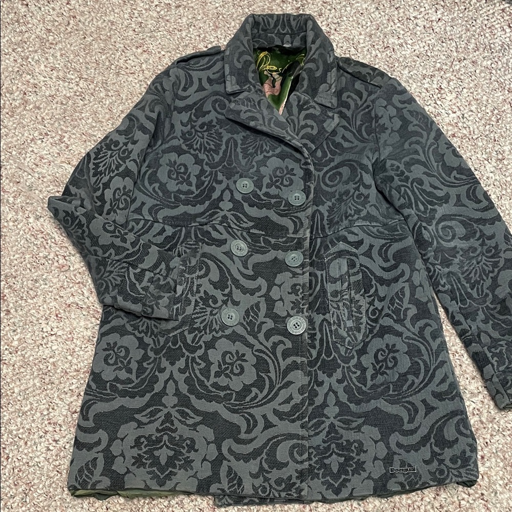 Desigual Gray/black brocade Patterned Women's double breasted pea style Coat